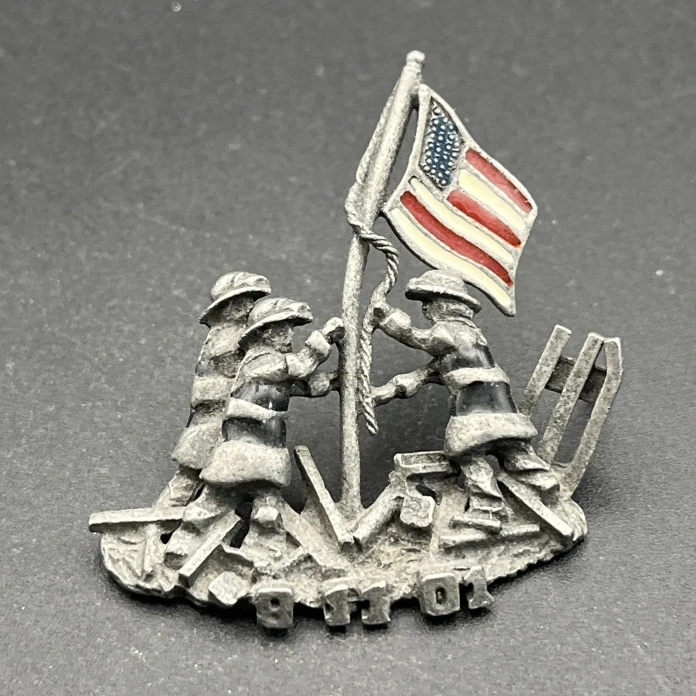 September 11th 9/11 Firefighters American Flag Pewter Silver Tone Lapel Hat Pin